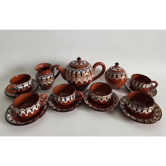 Bulgarian Troyan Pottery Hand Painted Tea Set 15 Pc Teapot Sugar Creamer Cups